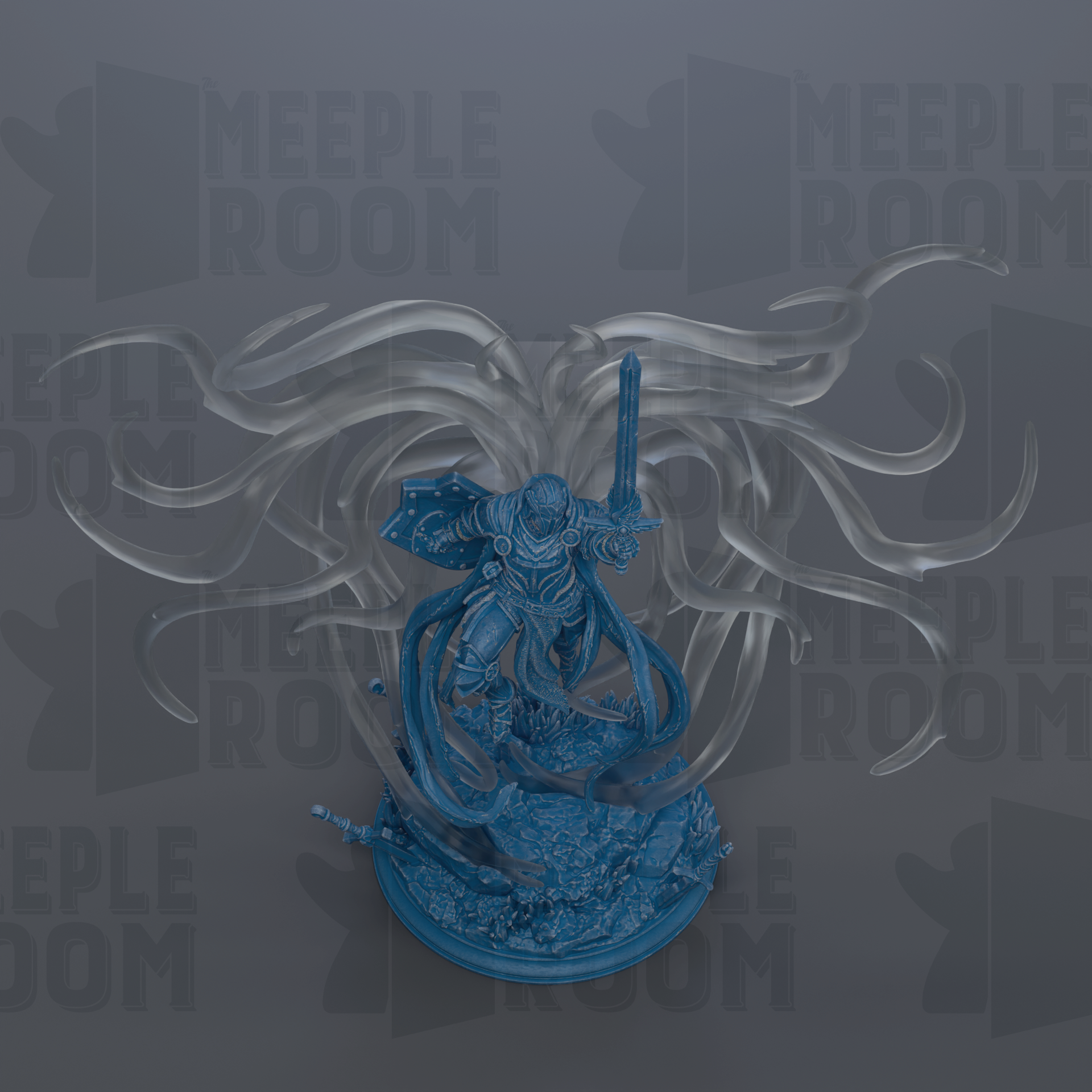 A blue figurine of a warrior wielding a sword and shield, surrounded by a large, abstract wave-like shape.