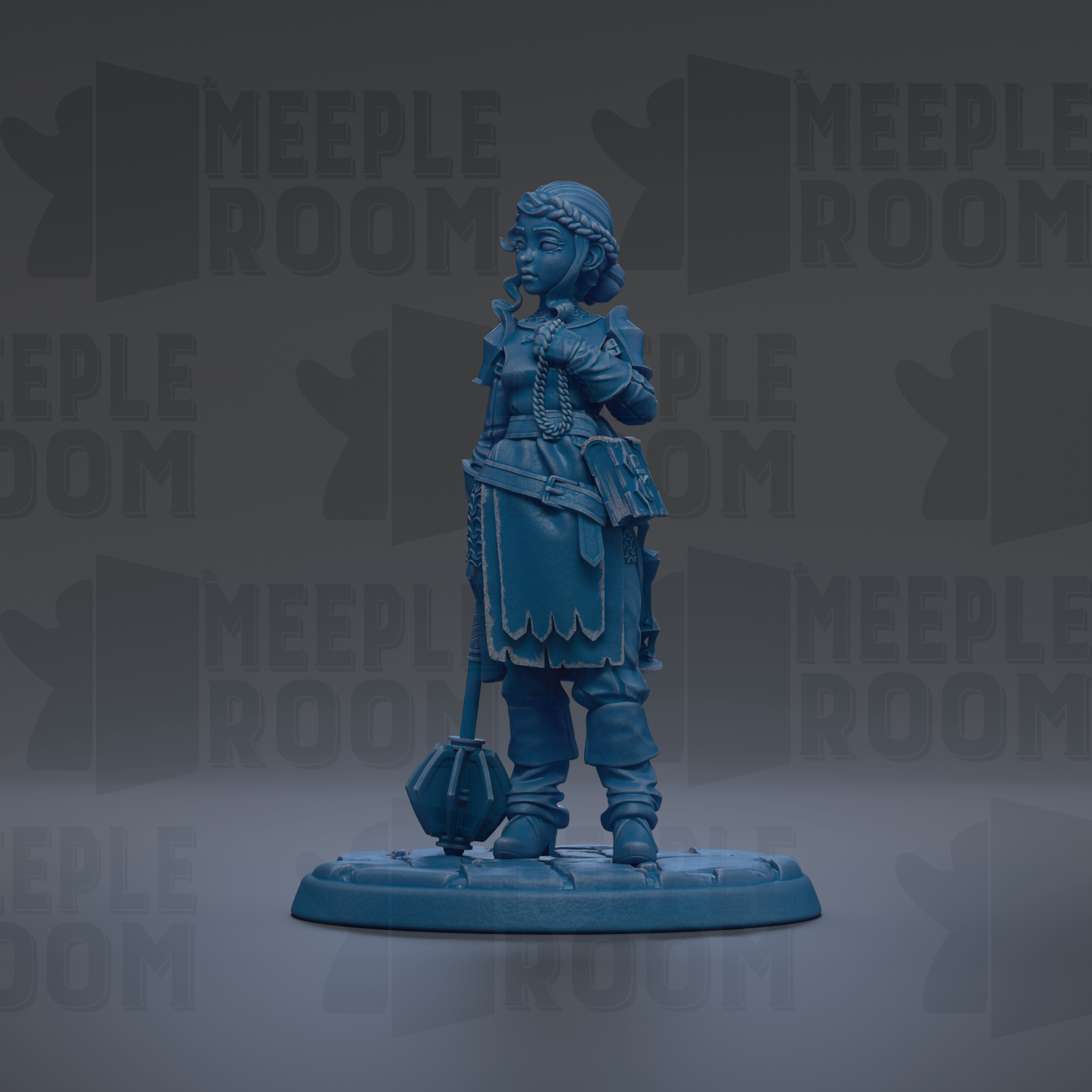 A blue figurine of a woman standing on a platform, with the text "MEUPLE ROOM" repeated in the background.