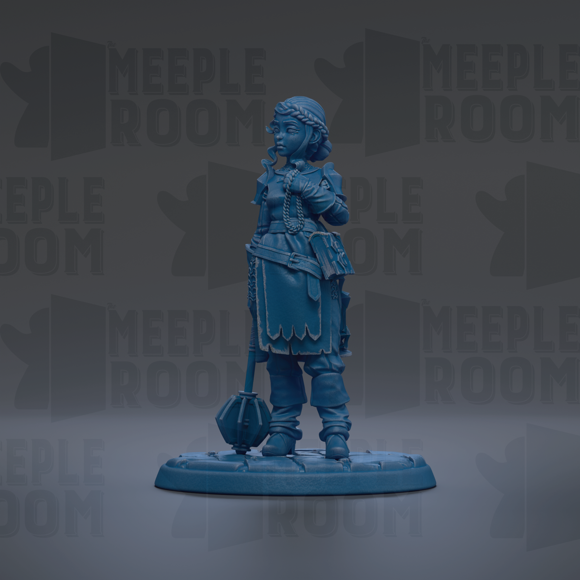 A blue figurine of a woman standing on a platform, with the text "MEUPLE ROOM" repeated in the background.