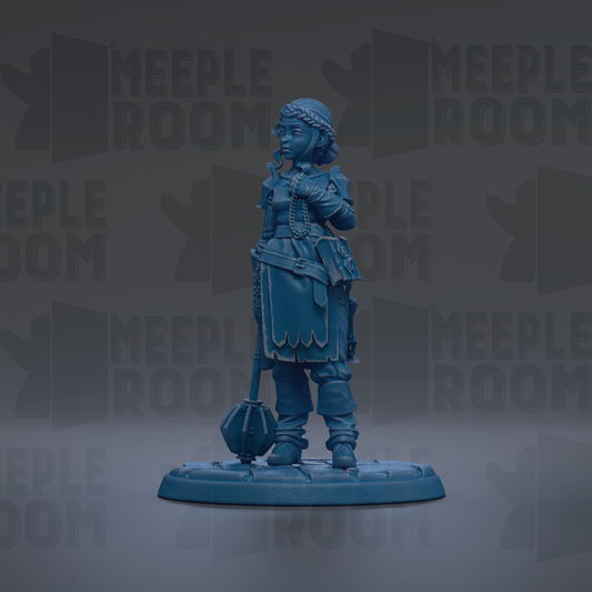 A blue figurine of a woman standing on a platform, with the text "MEUPLE ROOM" repeated in the background.