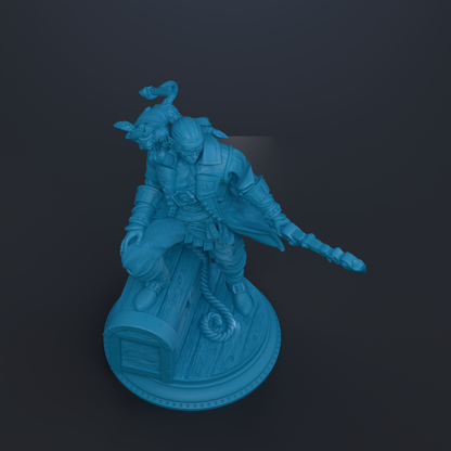 A blue 3D model of a pirate figure standing on a wooden base.