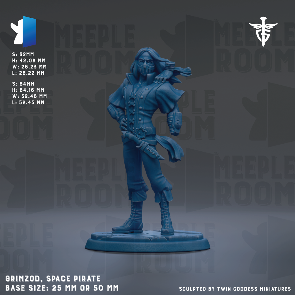 The image is a promotional image for a figurine called "Grimzord, Space Pirate". The figurine is a blue pirate statue with long hair and a beard, standing on a base. The image is described as a promotional image for a figurine, and it is a base size of 25mm or 50mm. The figurine is sculpted by Twin Goddess Miniatures.