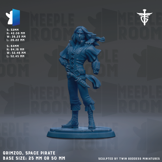 The image is a promotional image for a figurine called "Grimzord, Space Pirate". The figurine is a blue pirate statue with long hair and a beard, standing on a base. The image is described as a promotional image for a figurine, and it is a base size of 25mm or 50mm. The figurine is sculpted by Twin Goddess Miniatures.
