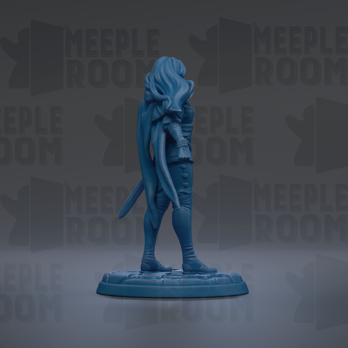 A blue figurine of a person standing on a base, with the text "MEIPLLE ROOM" repeated in the background.