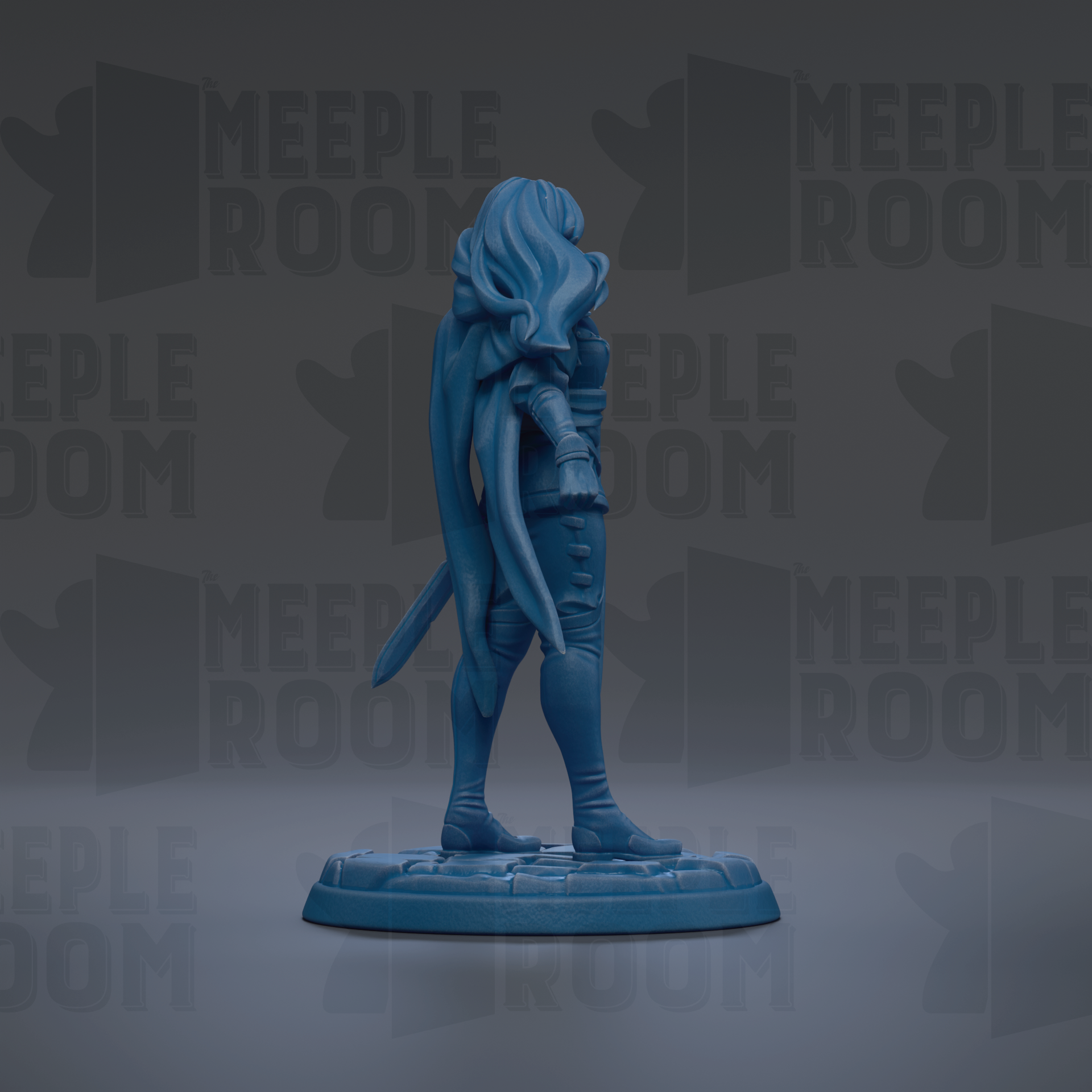 A blue figurine of a person standing on a base, with the text "MEIPLLE ROOM" repeated in the background.