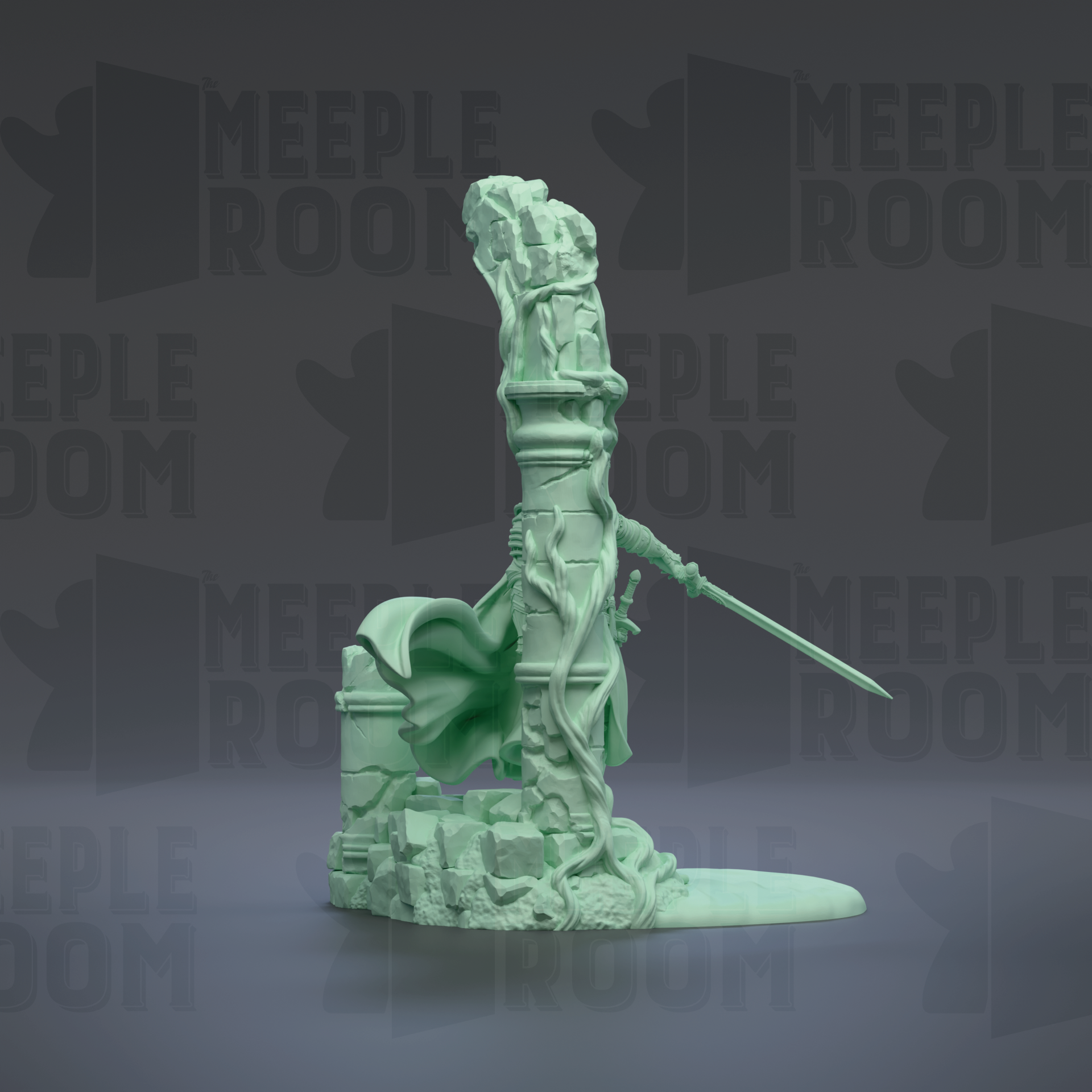A green, 3D-rendered statue of a figure with a sword and shield stands on a base, surrounded by a dark background with repeated text.