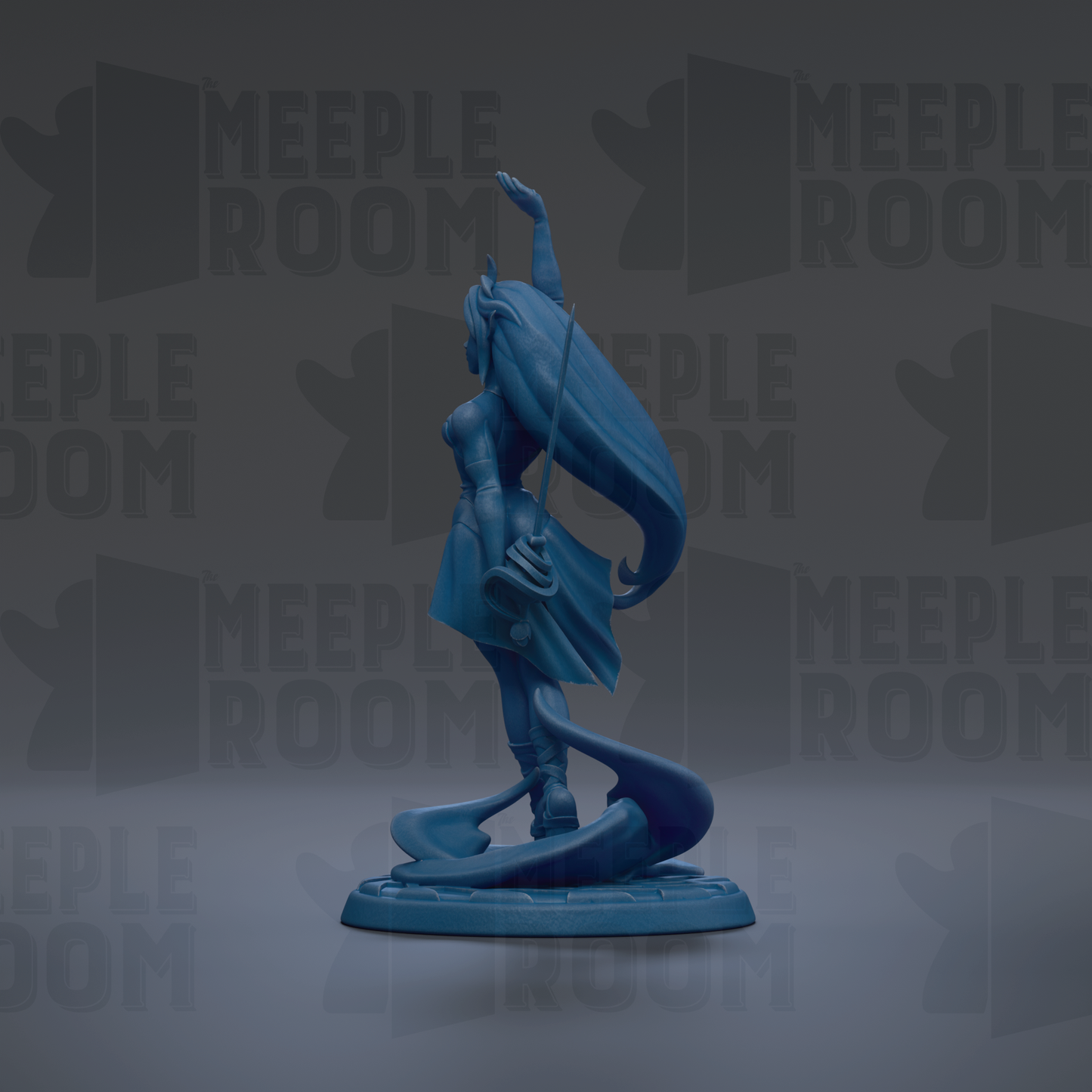 A blue statue of a woman with long hair and a flowing skirt, standing on a pedestal and holding a staff.