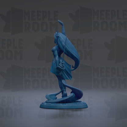 A blue statue of a woman with long hair and a flowing skirt, standing on a pedestal and holding a staff.