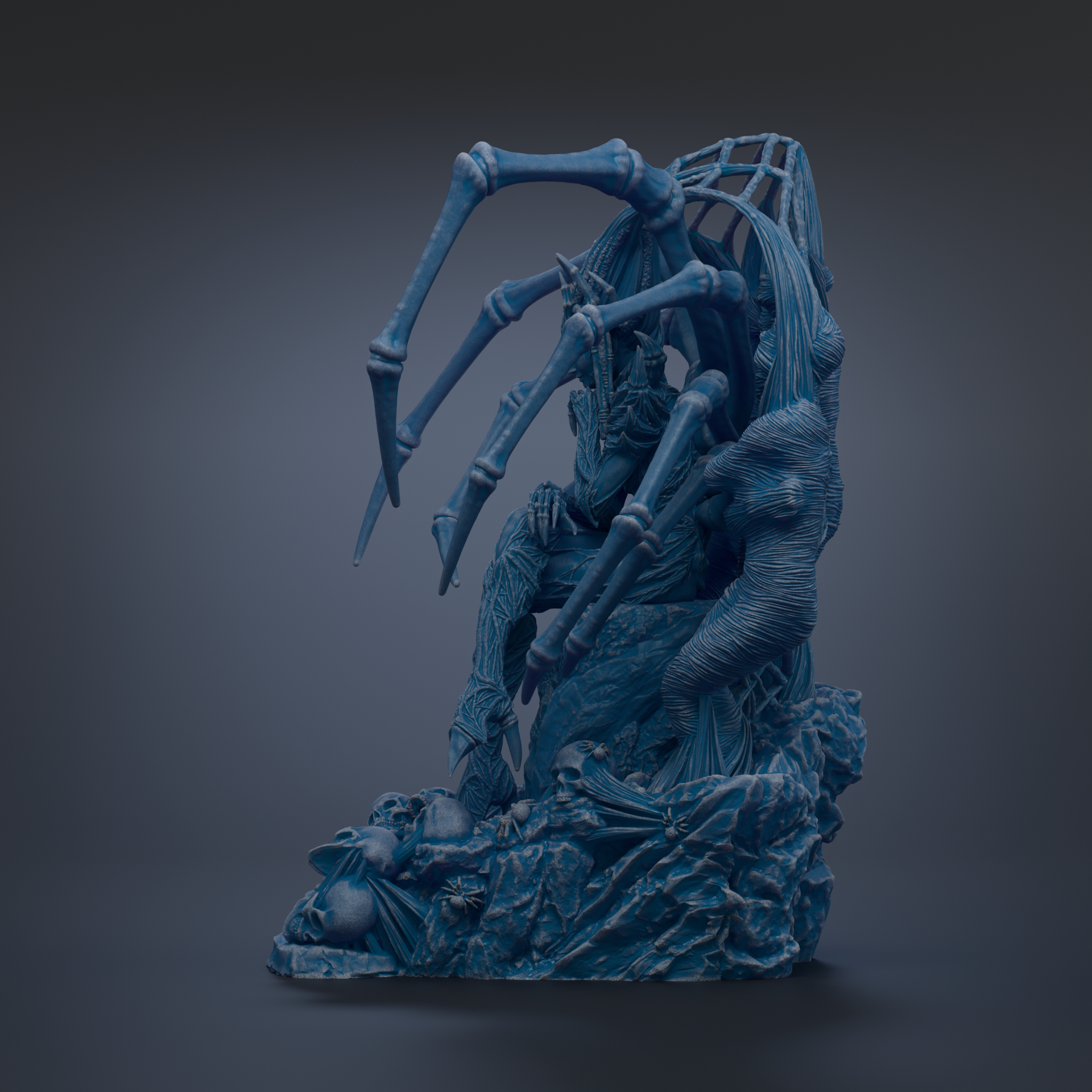 A dark blue, 3D-rendered sculpture depicting a fantastical, spider-like creature with intricate, organic-looking features.