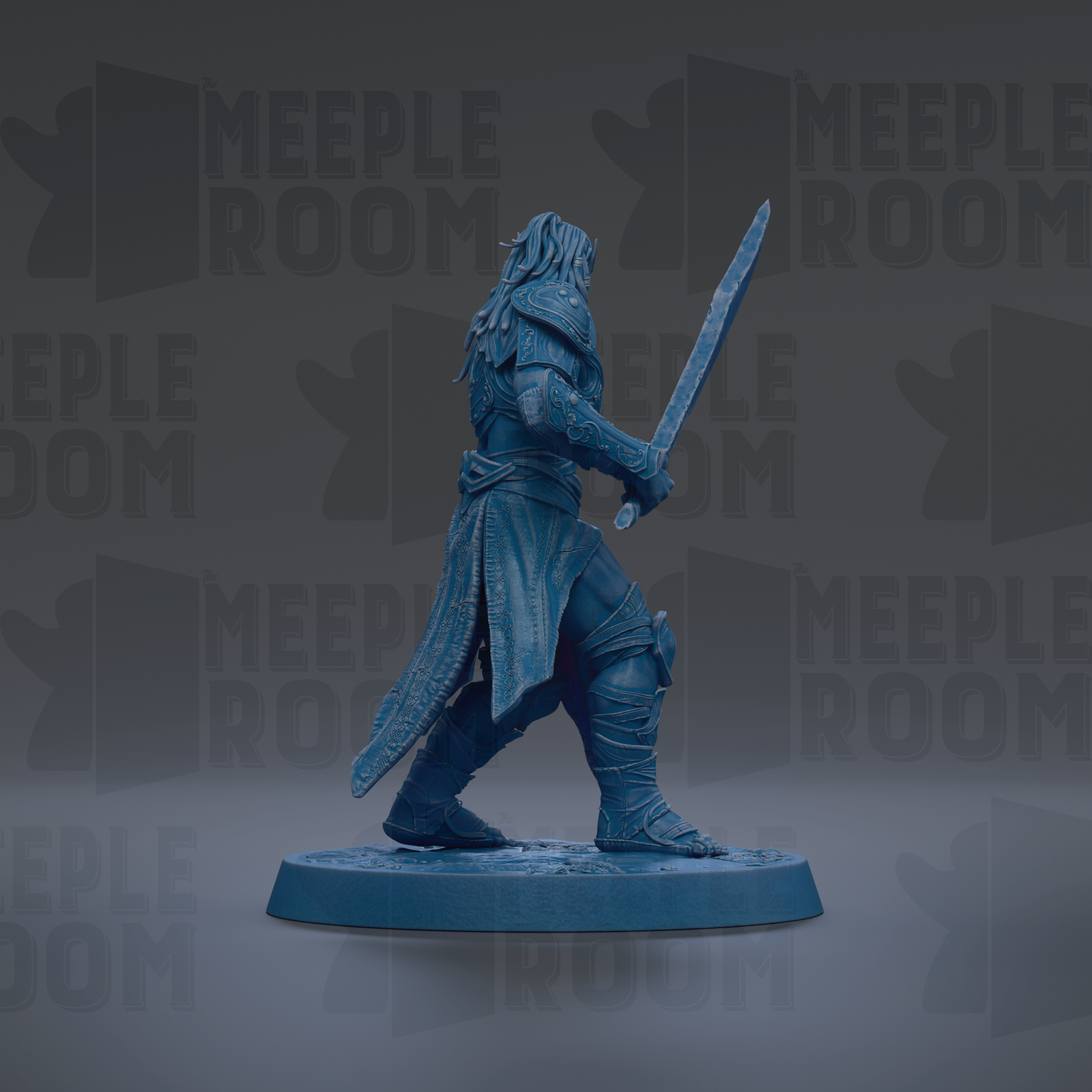 A blue figurine of a warrior standing on a base, holding a sword in its right hand.