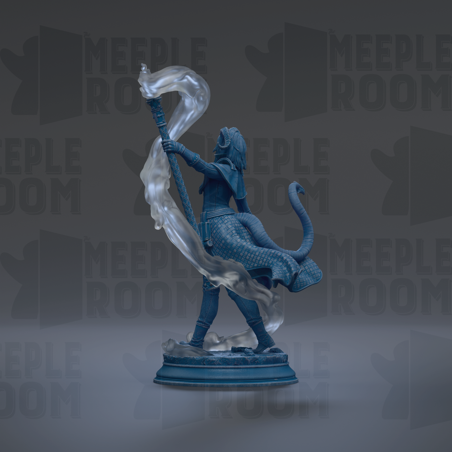 A 3D rendering of a statue of a person holding a staff and a snake, with a flowing stream of smoke or mist emanating from the statue.