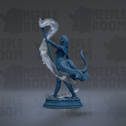 A 3D rendering of a statue of a person holding a staff and a snake, with a flowing stream of smoke or mist emanating from the statue.