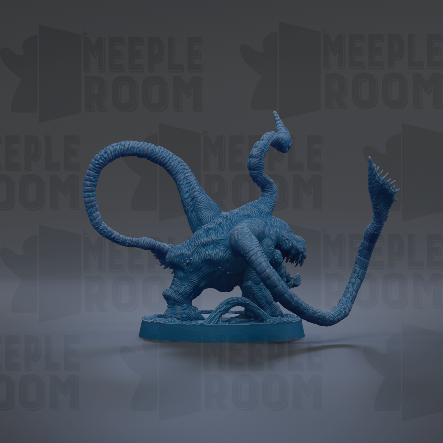 A 3D rendering of a blue, fantastical creature with multiple arms and sharp teeth, standing on a blue base.
