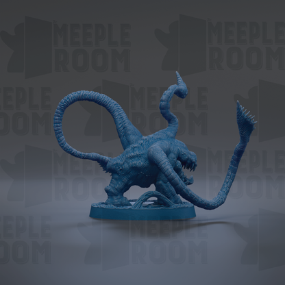 A 3D rendering of a blue, fantastical creature with multiple arms and sharp teeth, standing on a blue base.