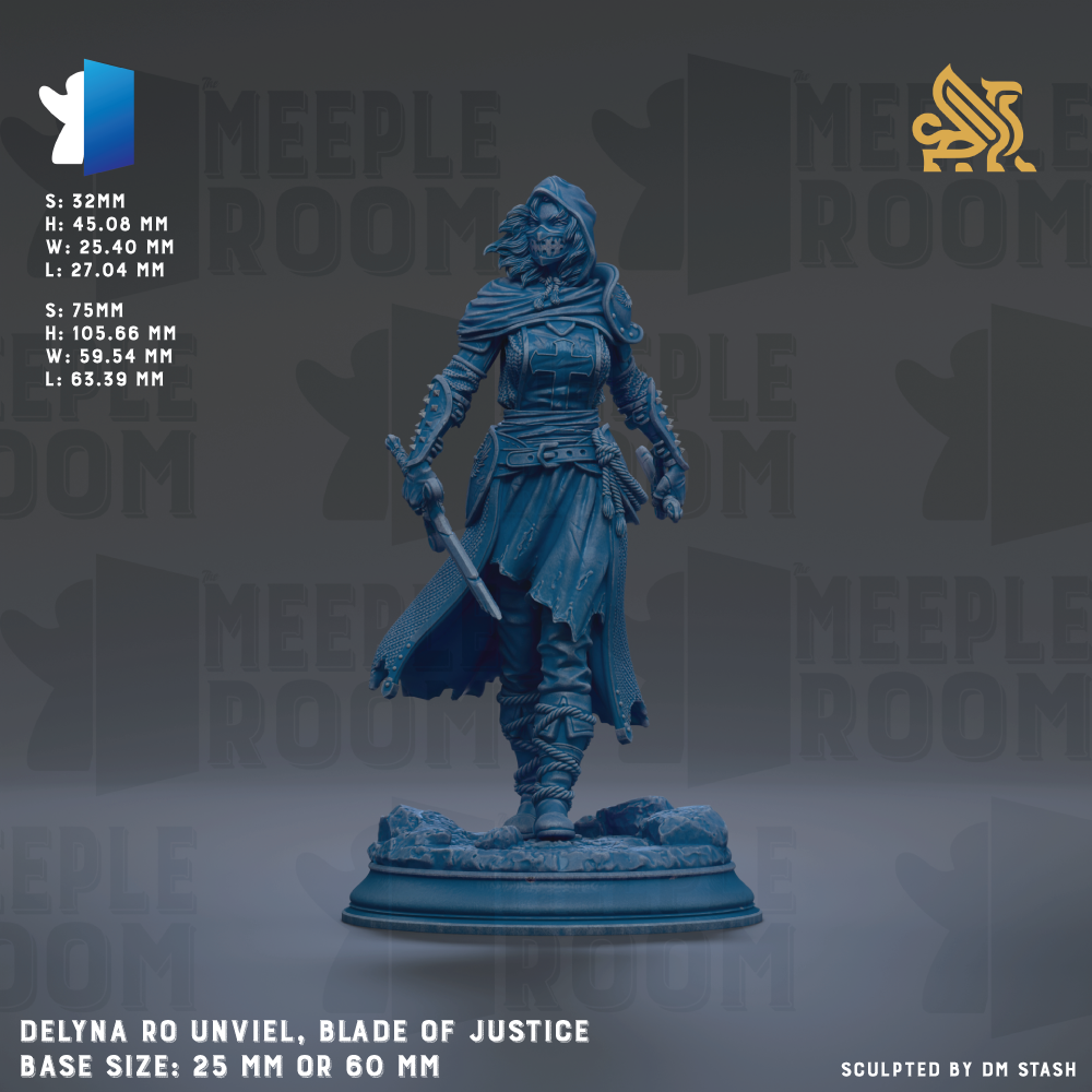 a figurine of a woman with a sword, standing on a base. The figurine is described as "DELNYA RO UNVIL, BLADE OF JUSTICE" and has a base size of 25mm or 60mm.