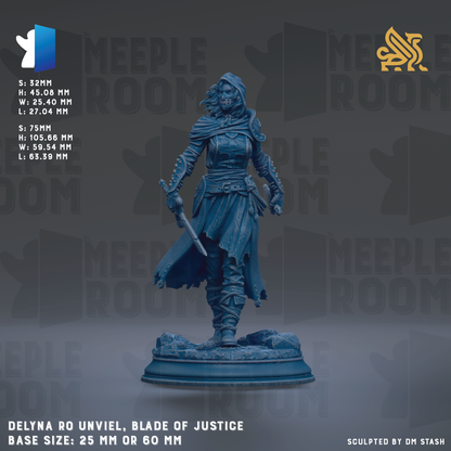 a figurine of a woman with a sword, standing on a base. The figurine is described as "DELNYA RO UNVIL, BLADE OF JUSTICE" and has a base size of 25mm or 60mm.