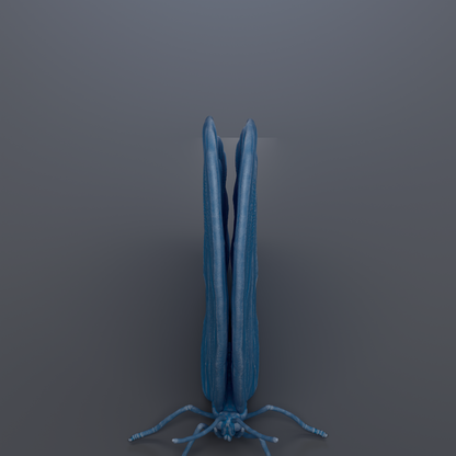 A blue, three-dimensional insect with long, thin legs is shown against a dark background.