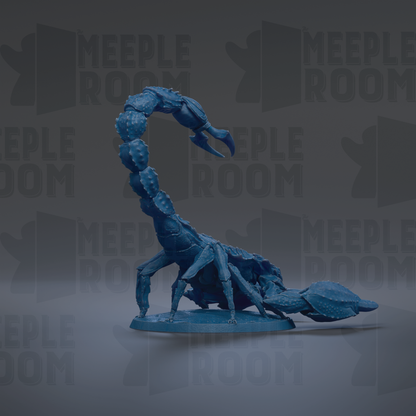 A blue, 3D-rendered model of a scorpion is displayed against a dark background with repeated text.