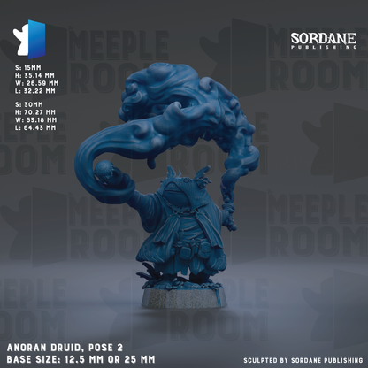 a figurine of an Anoran Druid, a type of fantasy creature, posed in a dynamic position with a large, flowing blue cloud or mist behind it. The figurine is displayed on a base that is either 12.5 mm or 25 mm in size, depending on the perspective. The image is a collage of multiple images, and it is described as a "sculpted by Sordane Publishing" image.