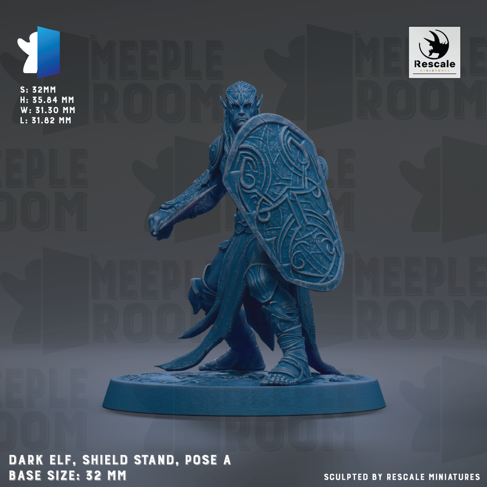 a dark elf statue with a shield standing on a base, posed in a defensive stance.