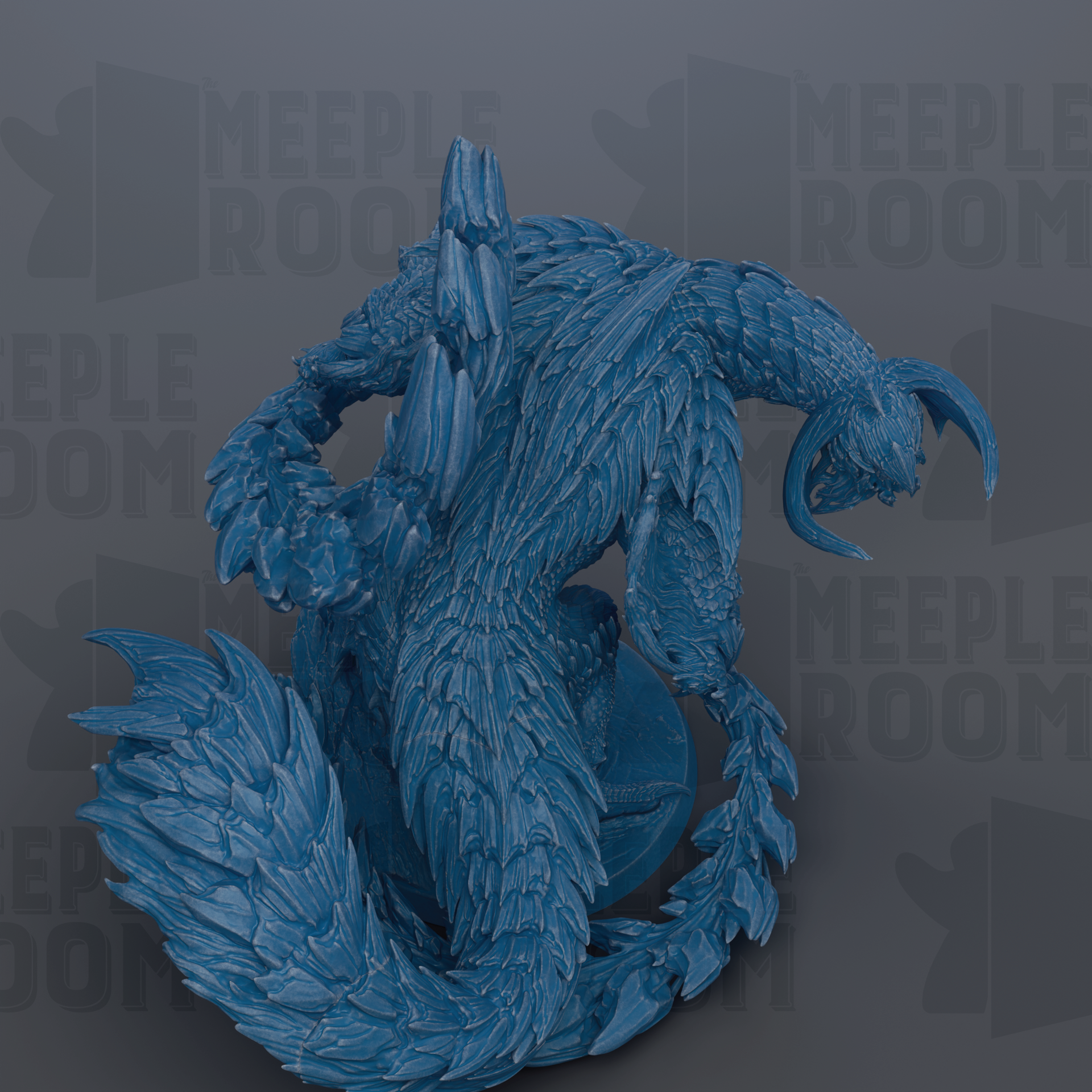 A detailed 3D rendering of a blue, fantastical creature with intricate scales and a long tail, set against a dark background with repeated text.