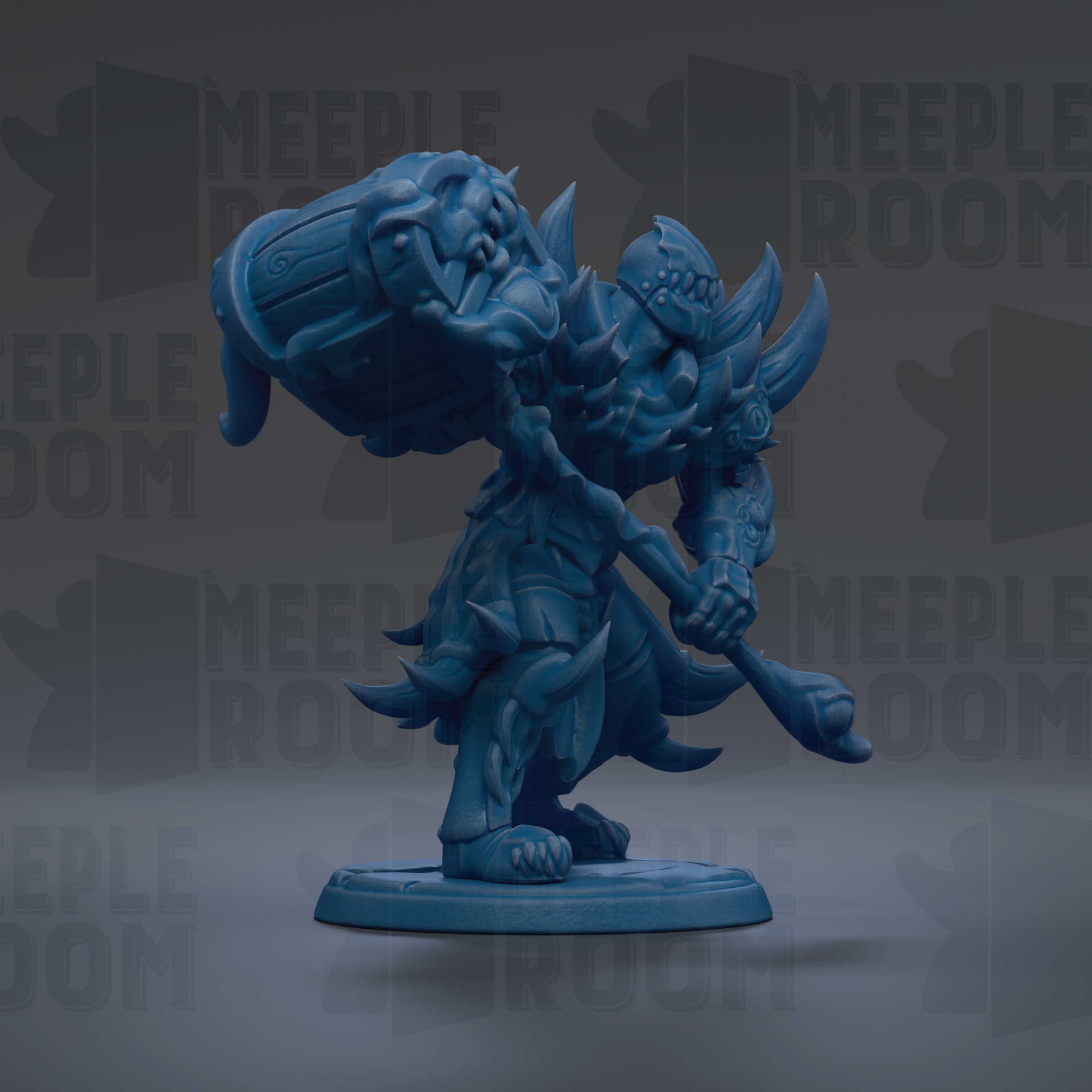 A blue, 3D-rendered fantasy character with a large, ornate helmet and a sword, standing on a base.