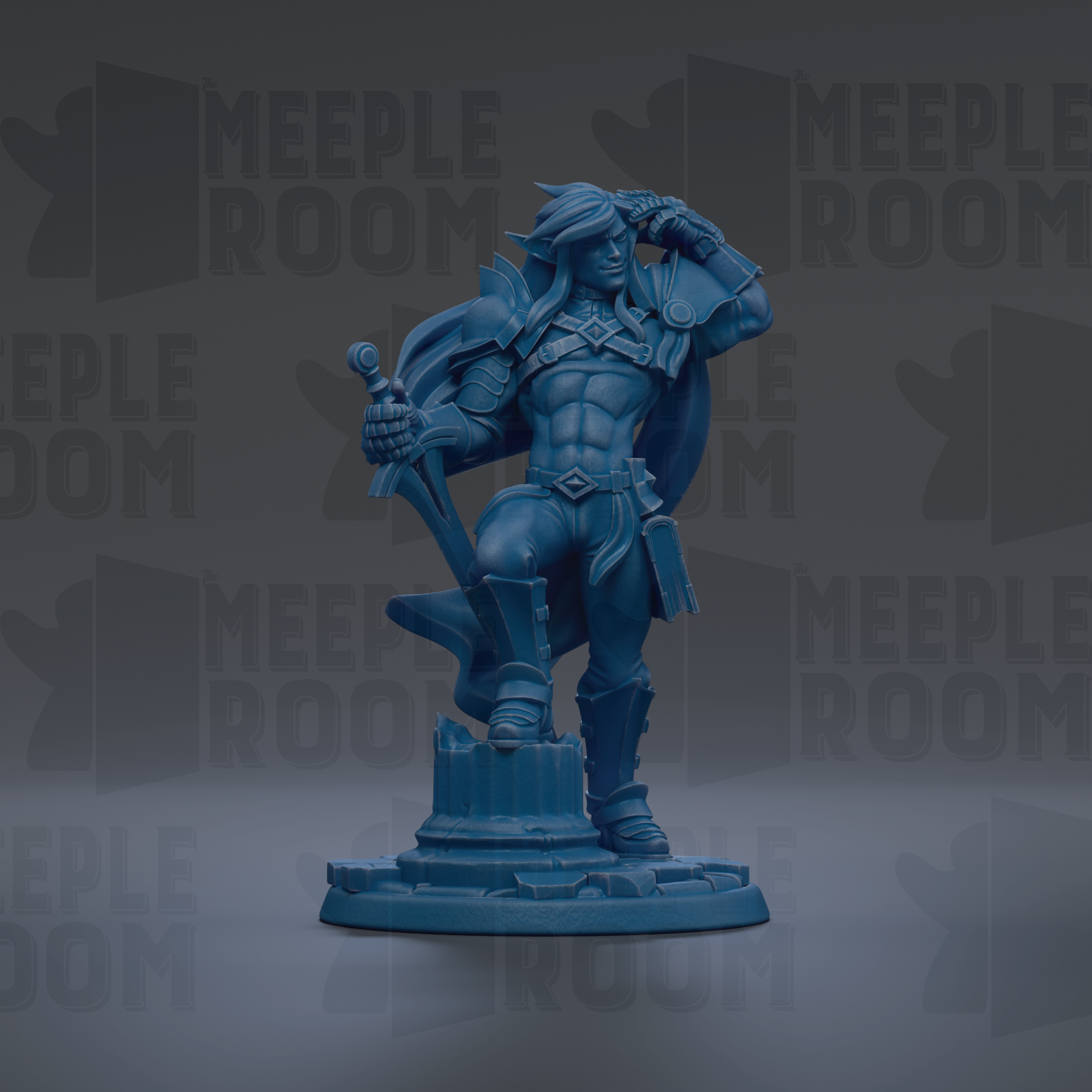 A blue figurine of a muscular man with long hair, holding a sword and standing on a pedestal.