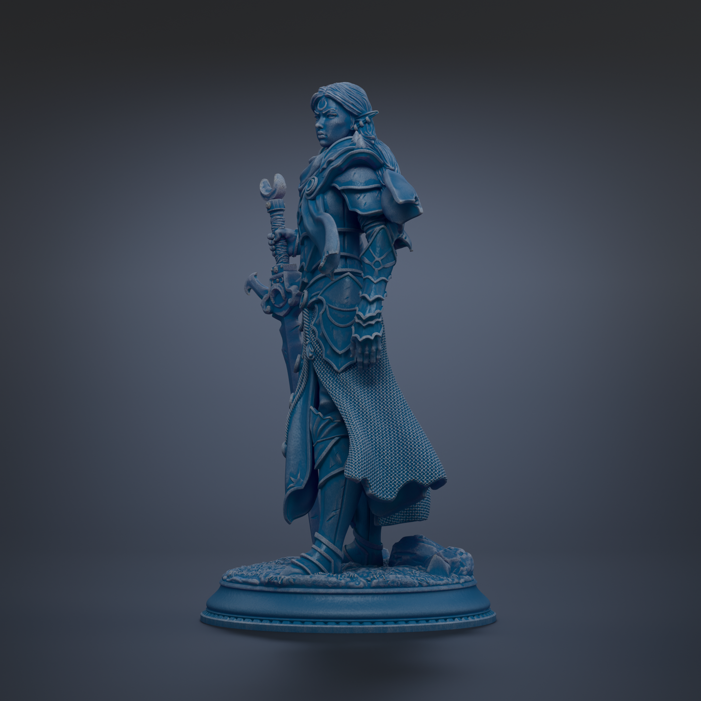 A blue statue of a warrior figure holding a sword and shield, standing on a base.