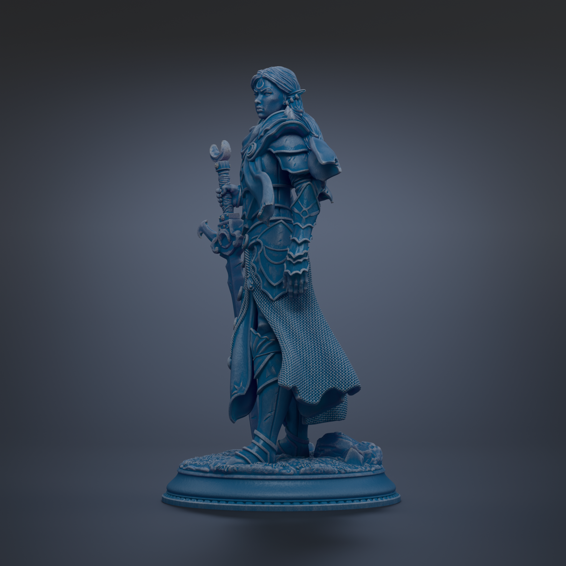 A blue statue of a warrior figure holding a sword and shield, standing on a base.