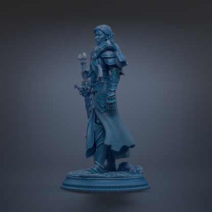 A blue statue of a warrior figure holding a sword and shield, standing on a base.