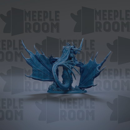 A blue dragon figurine with wings and a sword is displayed against a dark background with repeated text.