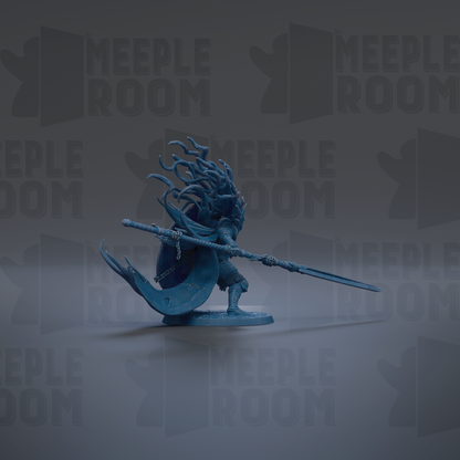 A blue figurine of a warrior wielding a sword and shield stands in the center of the image against a dark background with repeated text.