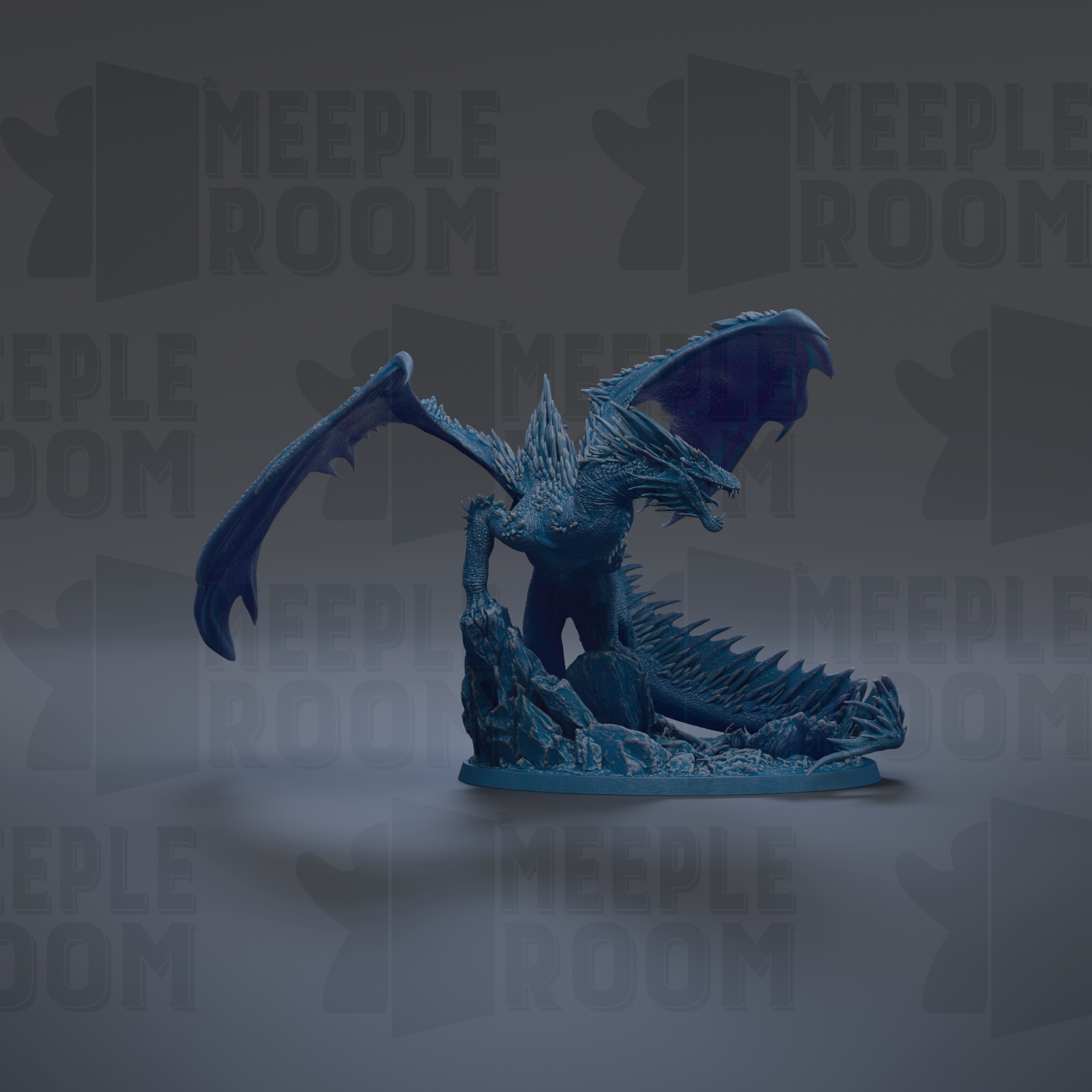 A blue dragon figurine is shown against a dark background with repeated text.