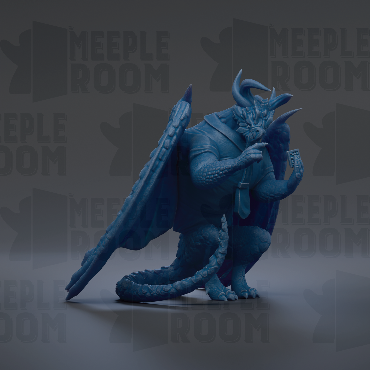 A blue dragon statue with horns and wings, wearing a tie, is shown against a dark background with the text "MEUPLE ROOM" repeated multiple times.