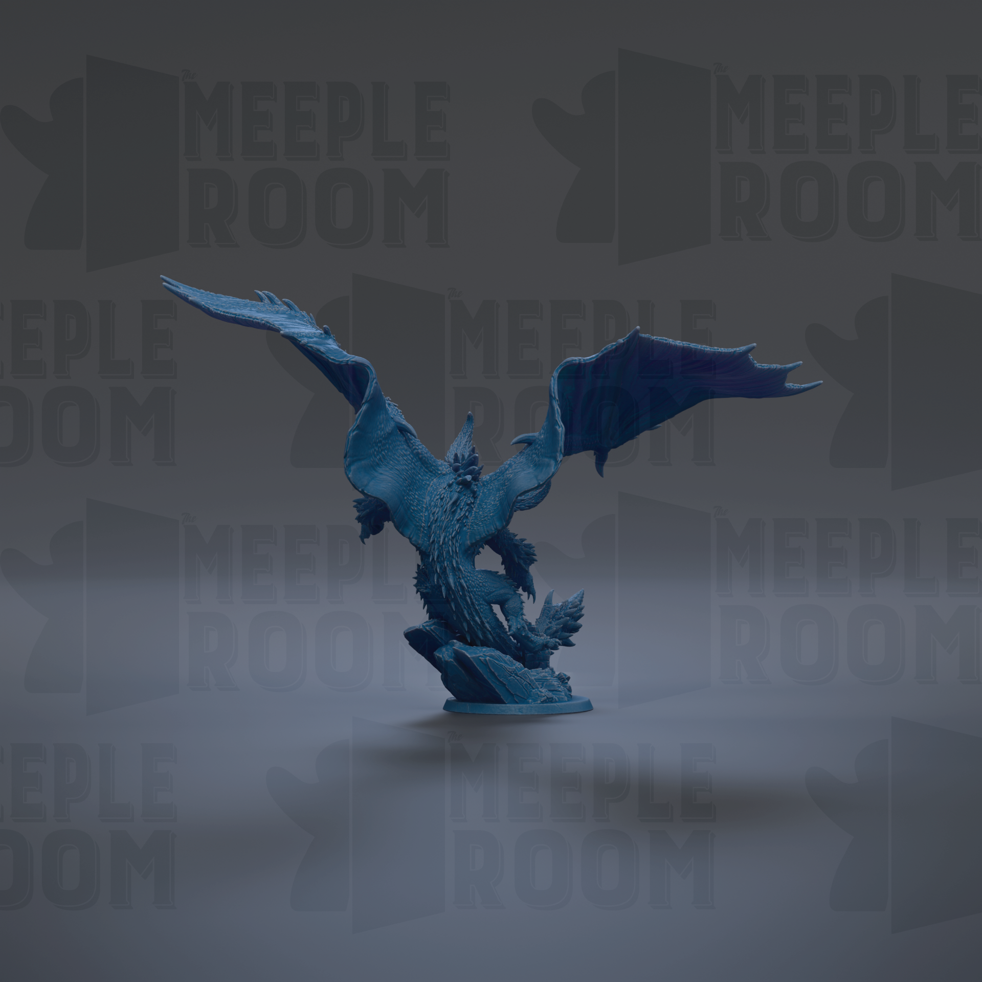 A blue dragon figurine with outstretched wings is the central focus of the image.