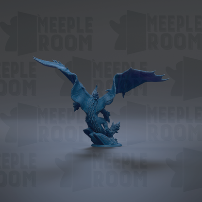 A blue dragon figurine with outstretched wings is the central focus of the image.
