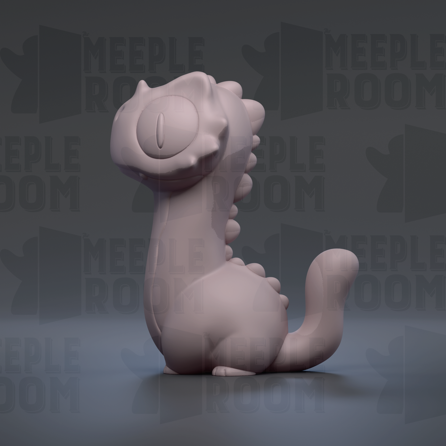 A 3D rendering of a small, light-colored, cartoonish creature with a large head and a long tail, sitting on a dark surface.