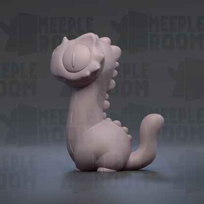 A 3D rendering of a small, light-colored, cartoonish creature with a large head and a long tail, sitting on a dark surface.