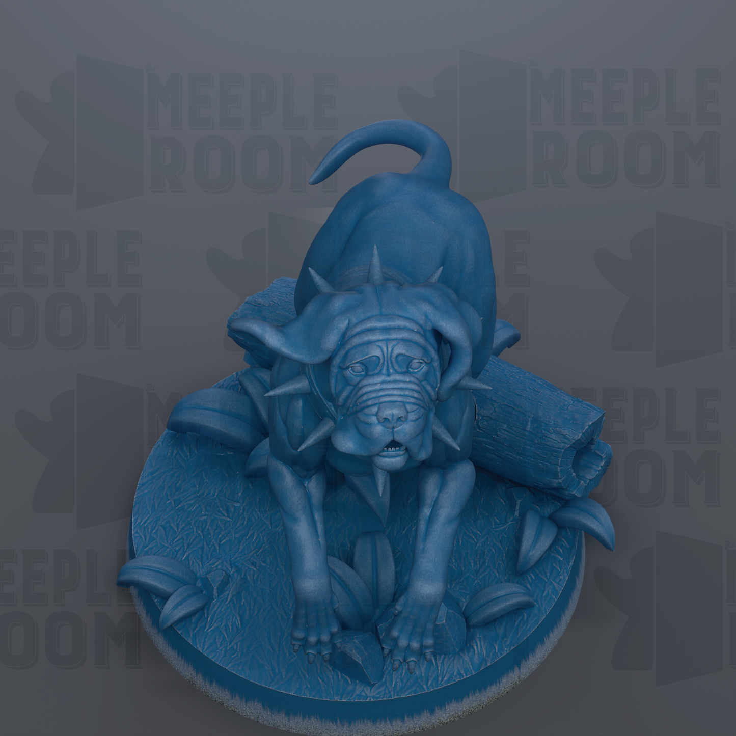 A blue, spiky dog statue is sitting on a blue base with leaves and branches, against a gray background with repeated "MEIPLE ROOM" text.