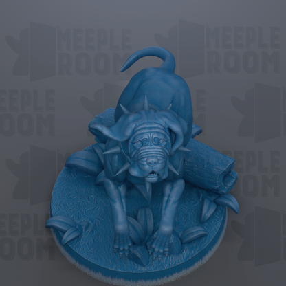A blue, spiky dog statue is sitting on a blue base with leaves and branches, against a gray background with repeated "MEIPLE ROOM" text.