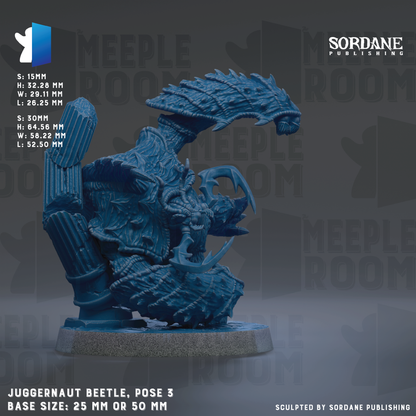 The image is a 3D rendering of a Juggnaut Beetle, a type of insect-like creature, posed in a dynamic position. The base size of the Juggnaut Beetle is either 25mm or 50mm, depending on the perspective. The image is published by Sordane Publishing and is a part of their collection of figurines.