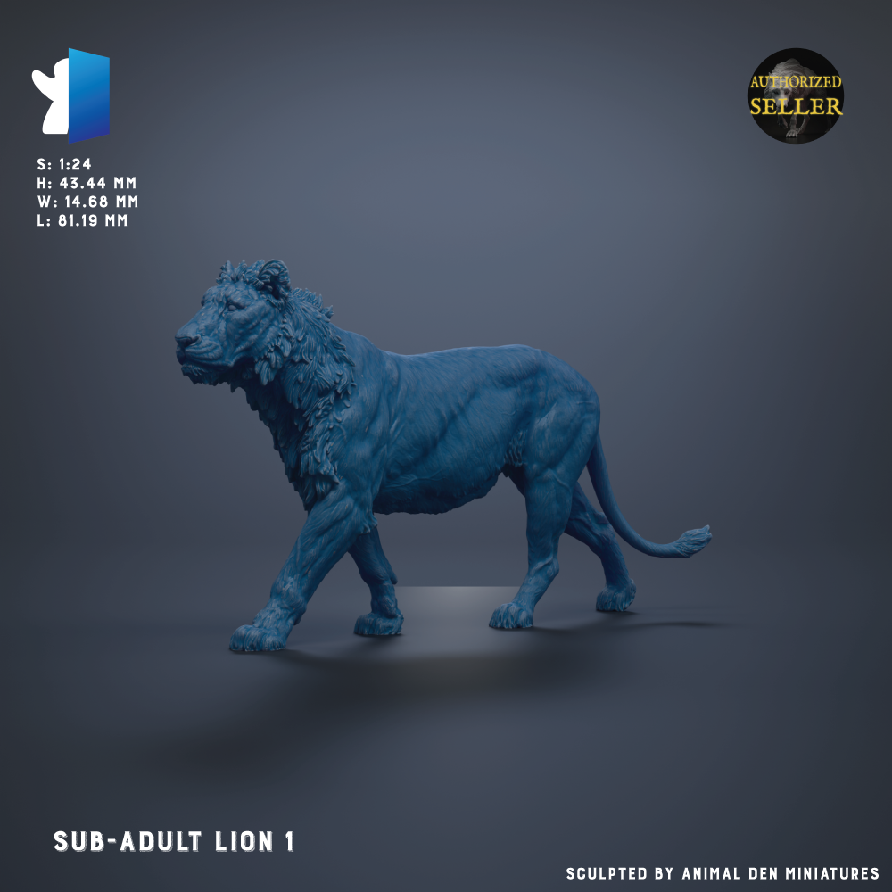 A 3D model of a sub-adult lion statue, with dimensions provided as 1:64:44 and 1:61:16. The lion is depicted in a dynamic walking pose against a dark background.