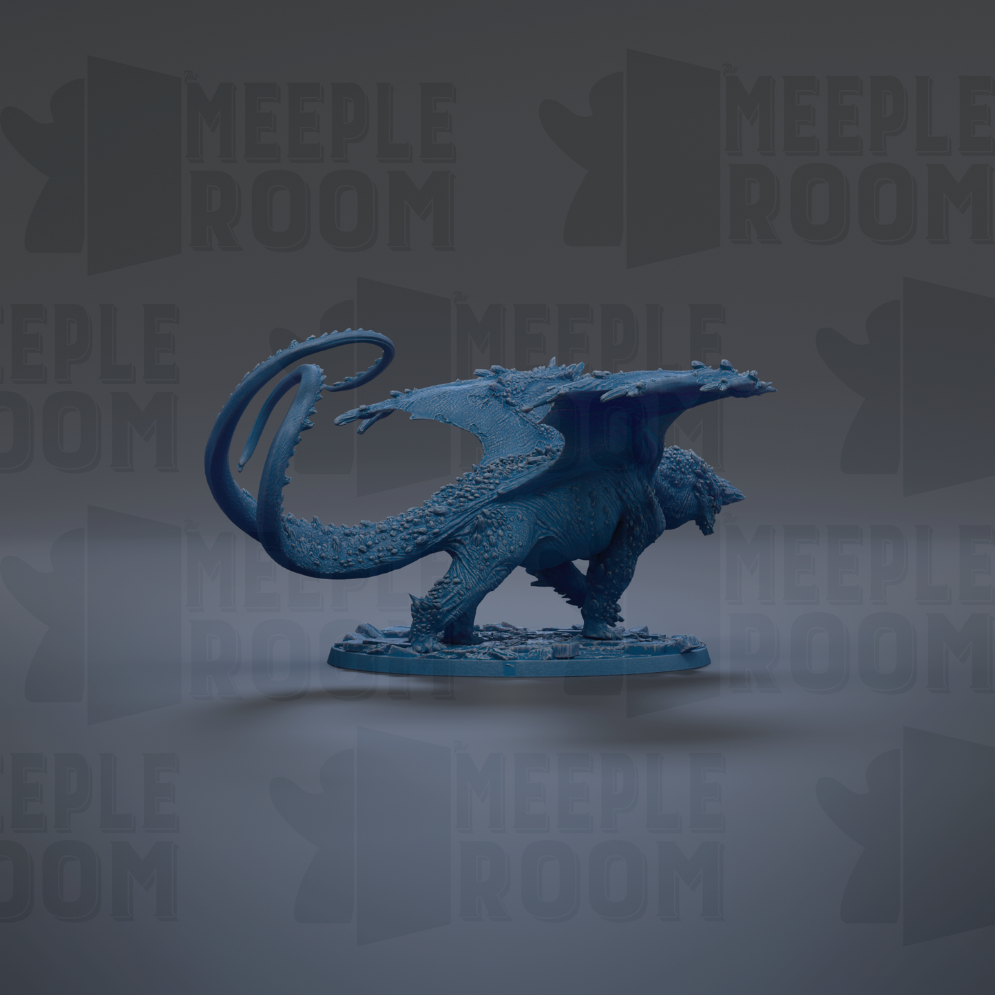 A blue dragon figurine is displayed against a dark background with repeated text.