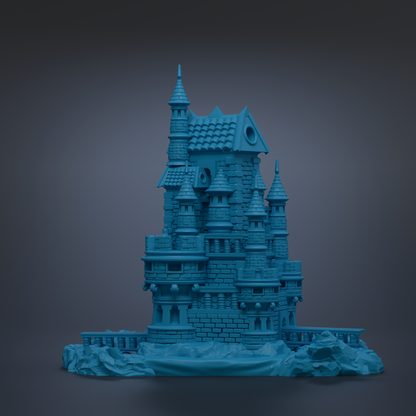 A 3D rendering of a castle-like structure with multiple towers and turrets, set against a dark background.