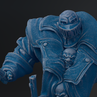 A close-up view of a blue, textured statue depicting a figure with a mask and a serious expression.