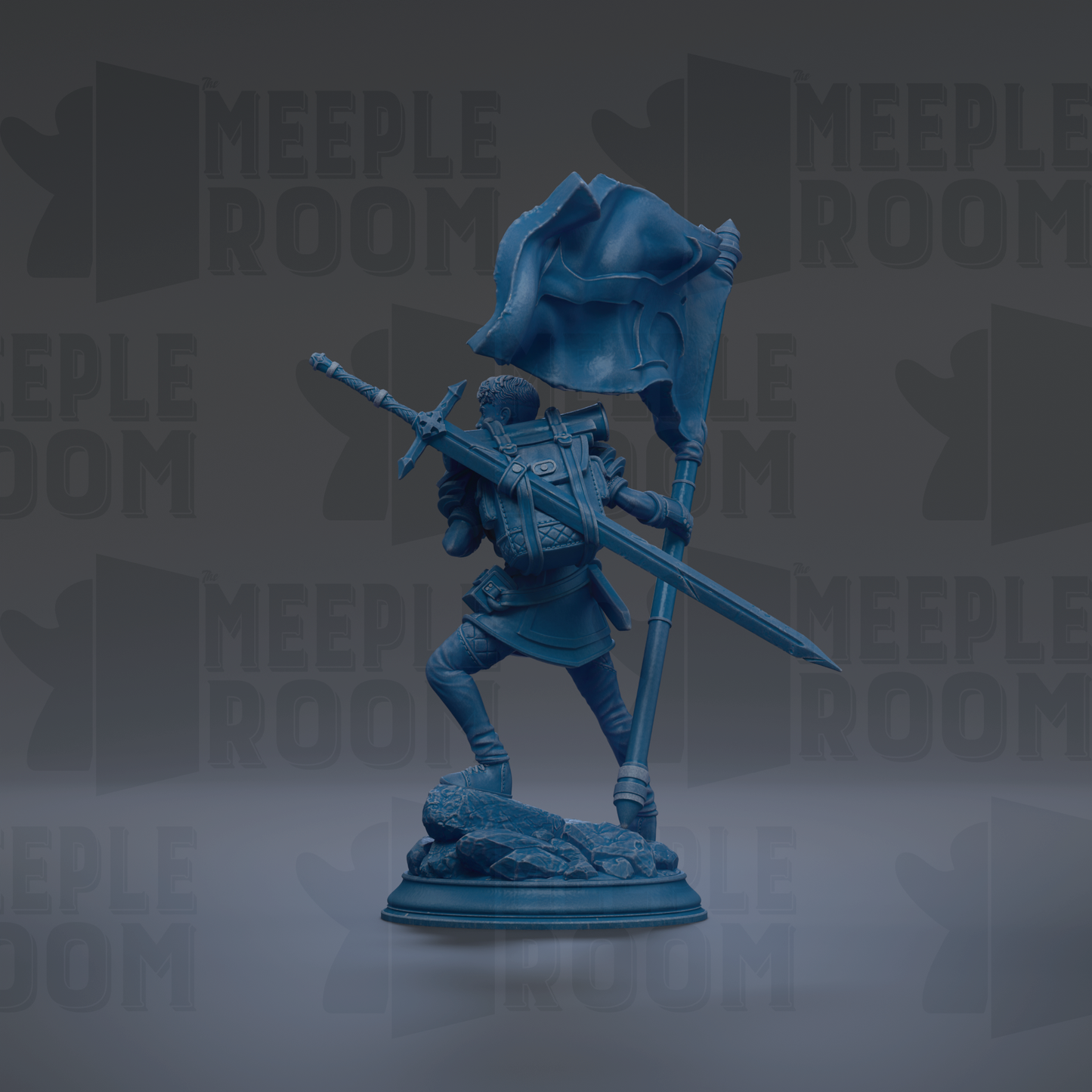 A blue statue of a knight holding a flag and sword, standing on a pedestal.