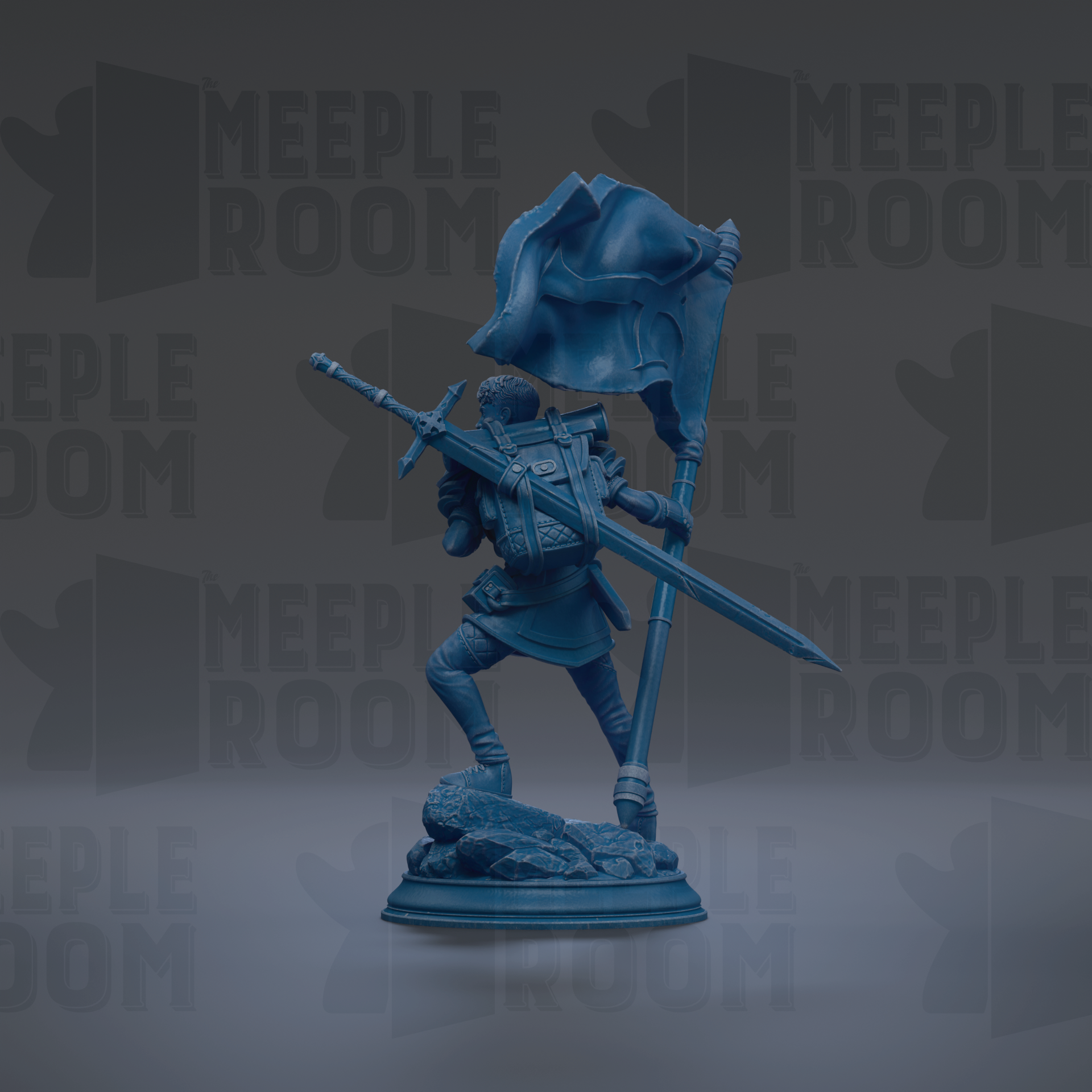 A blue statue of a knight holding a flag and sword, standing on a pedestal.