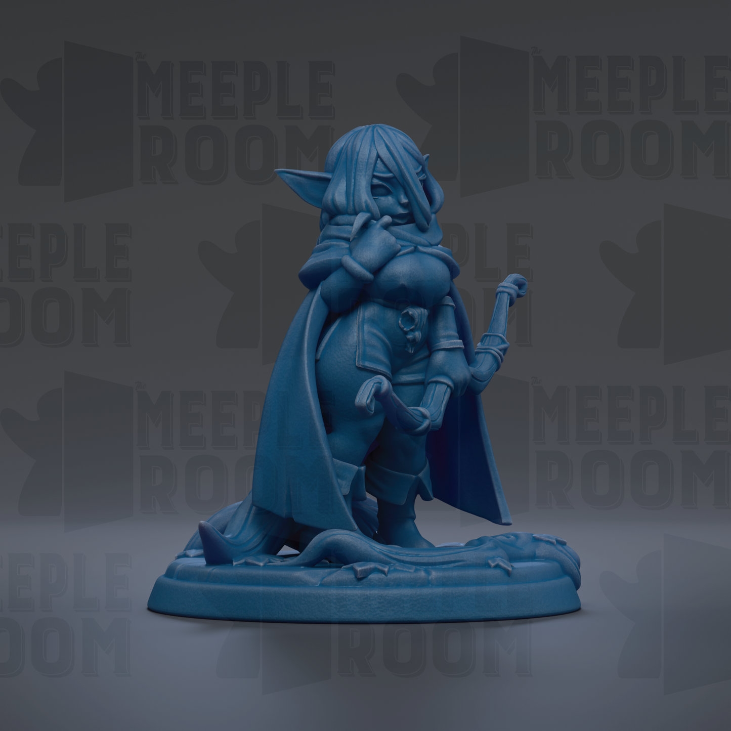A blue figurine of a character with a pointed hat and a cape, standing on a base with a design resembling a tree or plant.