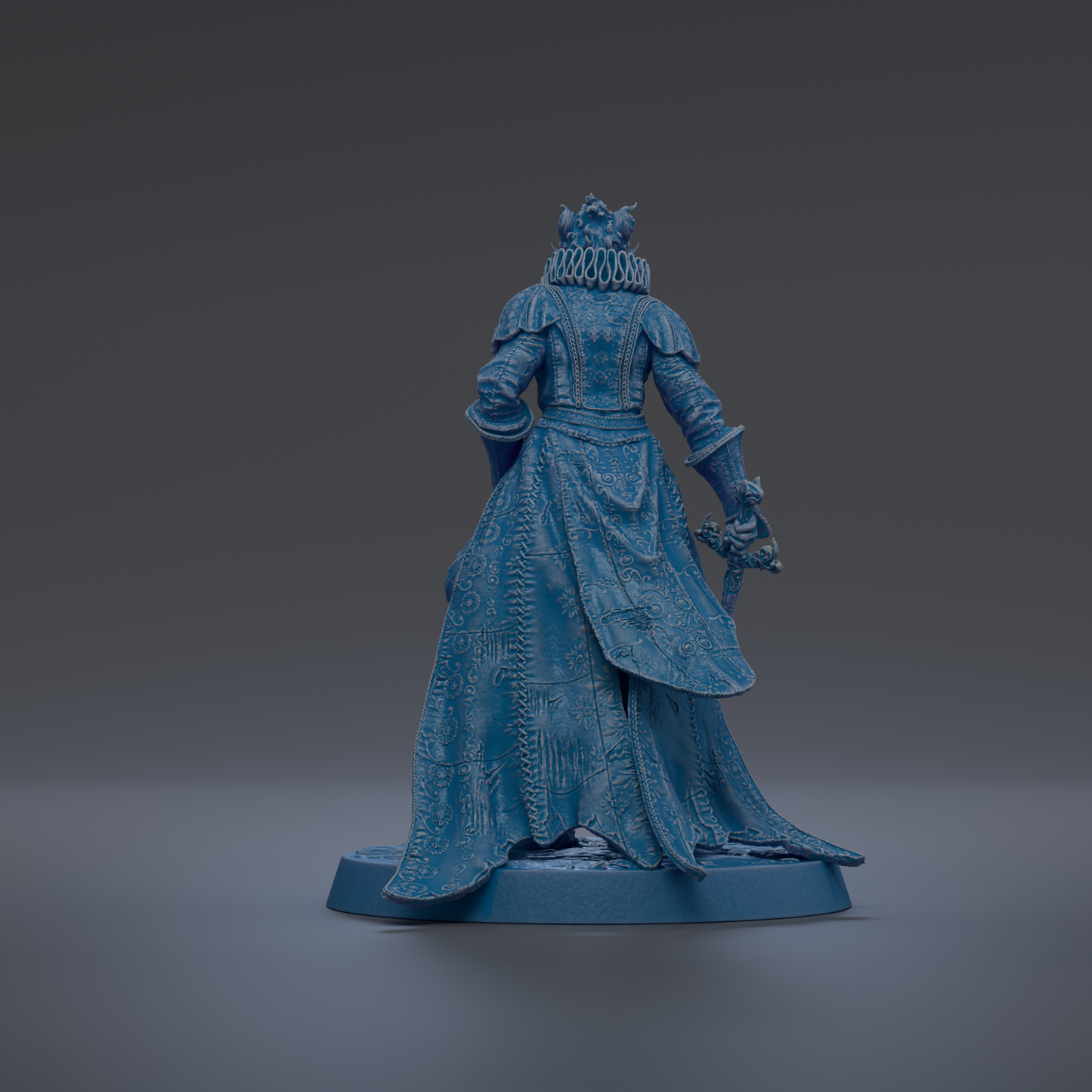 A blue statue of a person wearing a long dress and holding a sword.