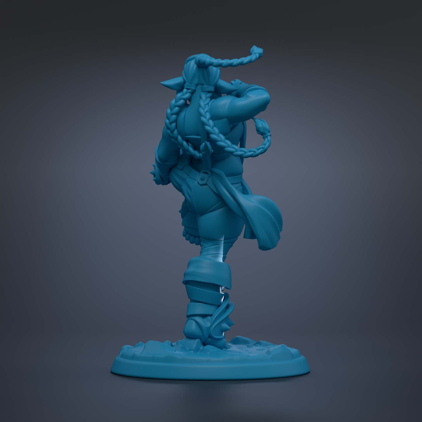 A blue 3D model of a character with braided hair and a backpack, standing on a base.